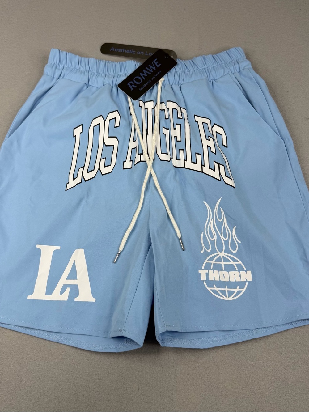 ROMWE Los Angeles Graphic Basketball Shorts Men’s M Blue Y2K NWT Drawstring